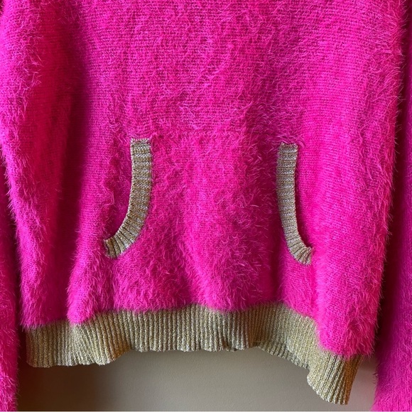 Y2K Women's Juicy Couture Pink & Gold Fuzzy Knit Sweater Size Medium Pocket - Picture 3 of 10
